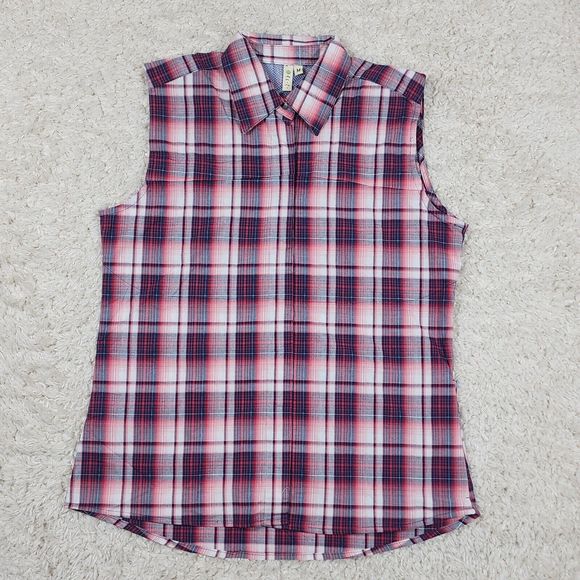 Dakini Plaid Boyfriend Shirt Womens Medium Red Stretch Hidden Pocket Vented - Picture 1 of 10